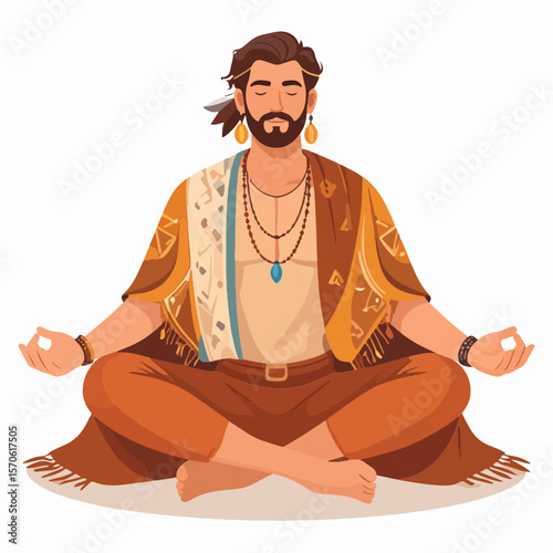 Bearded man in meditation pose wearing bohemian clothing necklaces earrings and bracelets against a plain background