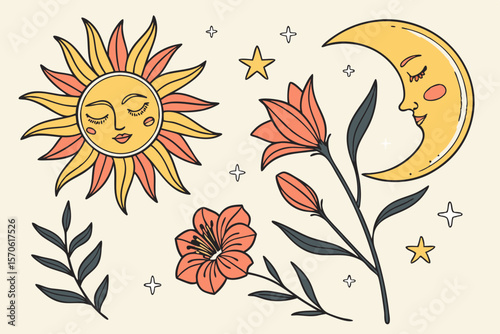 Artistic celestial illustration of sun moon flowers and stars a bohemian style design with transparent background.
