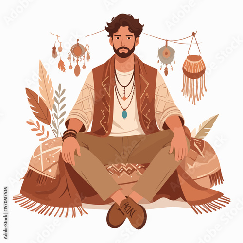 Bohemian man seated on ornate cushion adorned with multiple necklaces and a fringed vest with decorative hangings above