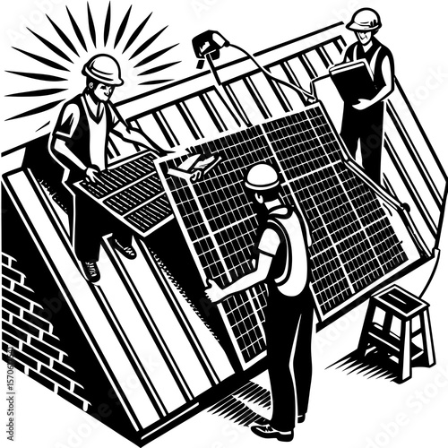 Black and white illustration of solar panel installation by skilled workers on a rooftop with safety equipment