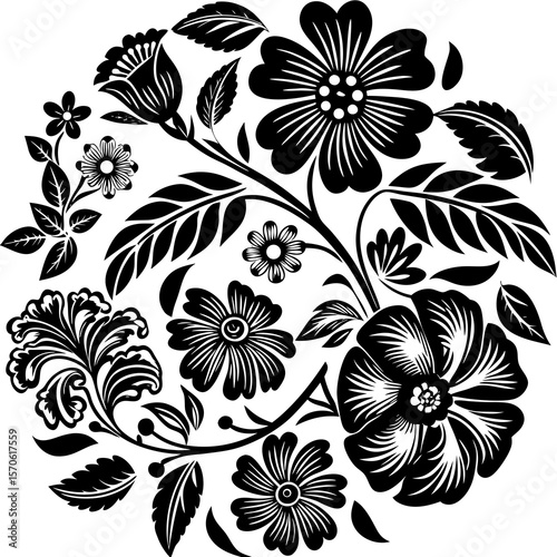 Circular floral arrangement illustration featuring elegant blossoms and leaves in striking black and white design
