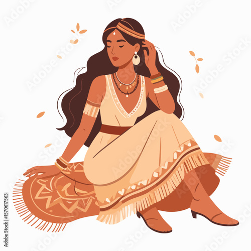 Woman with long hair seated on a rug wearing jewelry a dress with fringe and headwear Leaves are floating nearby