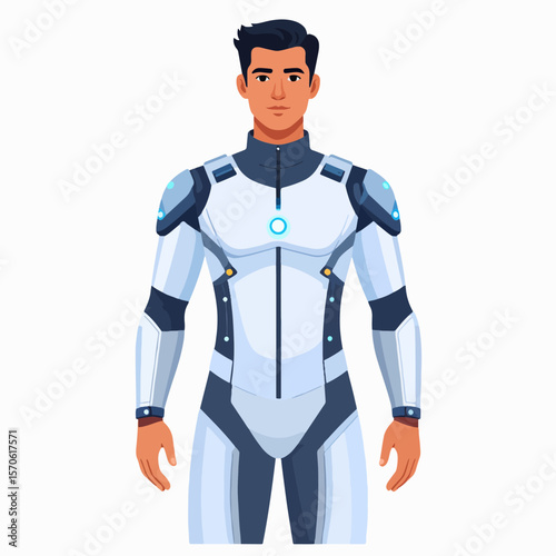 A man stands in a white and dark blue futuristic suit with a blue circle on the chest