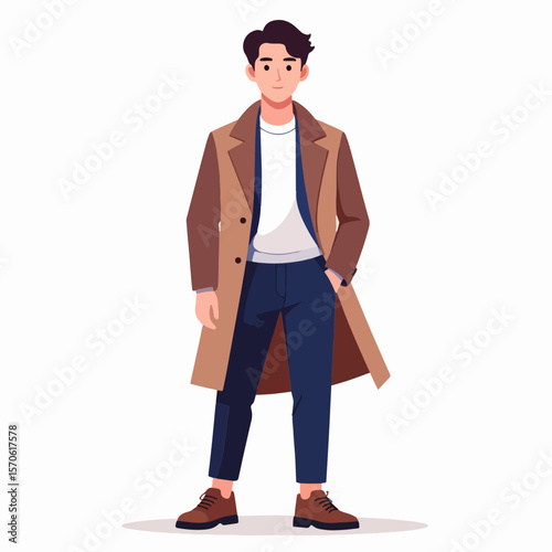 Fullbody depiction of a man wearing a coat trousers Tshirt and shoes