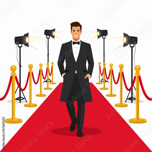 Man in a suit walks a red carpet surrounded by spotlights and golden poles