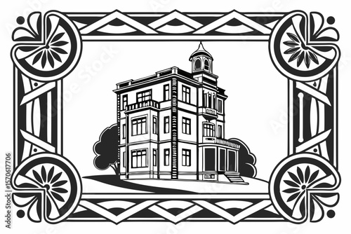 Elegant vector illustration of a classic mansion with decorative frame in art nouveau style perfect for architectural designs