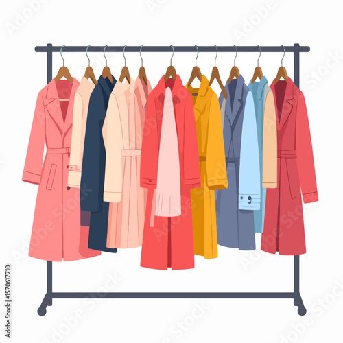 Coats hang on a clothing rack displaying a variety of colors and styles