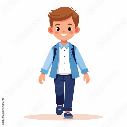 A cartoon boy wearing a blue suit and backpack walking forward with a slight smile