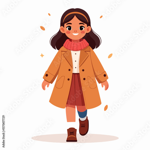 A smiling girl in a brown coat red skirt  brown shoes is standing on a beige floor She has a brown headband  dark brown hair