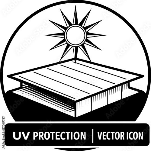 Monochrome vector illustration depicting uv protection symbol with sun and geometric protective roof elements in a simple style
