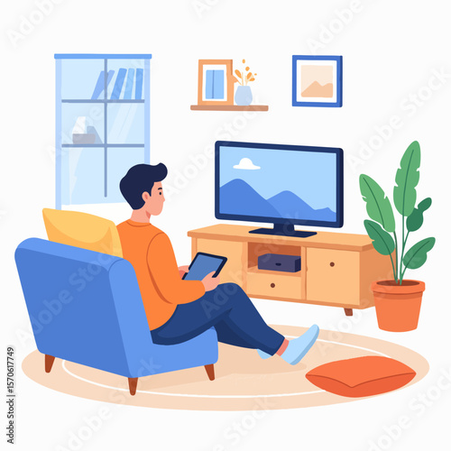 An individual relaxes on a blue armchair engrossed in a tablet while watching a TV in a cozy living room setting