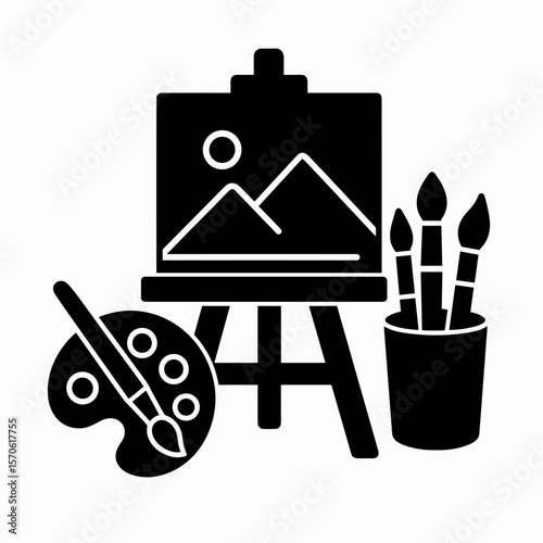 Art studio icon with easel, palette and brushes – filled