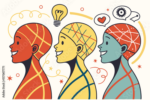Three smiling stylized heads displaying thoughts and ideas with lightbulb and thought bubbles on a white background