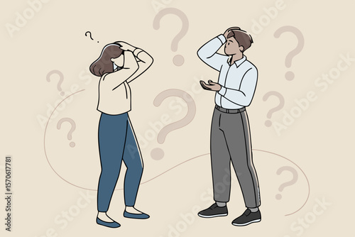 Two people pondering questions illustrated with question marks suggesting uncertainty and problem solving on a white background