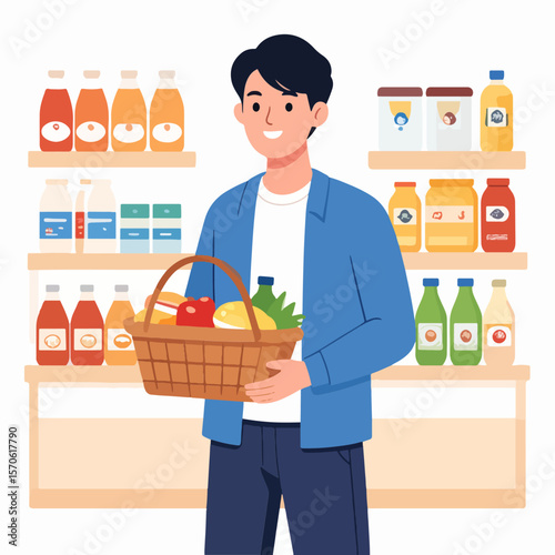 A smiling man holds a basket filled with fruits and vegetables in a store with shelves displaying various products