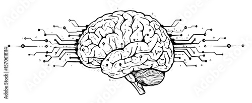 artificial intelligence brain circuit sketch vector illustration