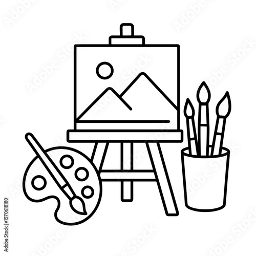 Art studio icon with easel, palette and brushes – outline