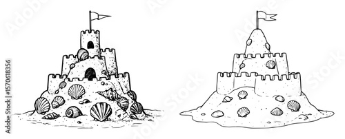 hand drawn sandcastle with seashells beach sketch vector illustration