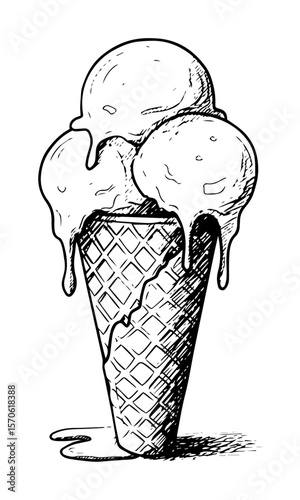 melting ice cream waffle cone hand drawn sketch vector illustration