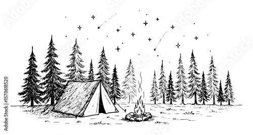 night forest camping tent and campfire vector sketch illustration
