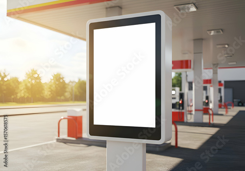 Empty digital billboard at a gas station with a blurred background of trees and pumps. Blank display for marketing/advertising on a bright sunny day at a roadside gas station.