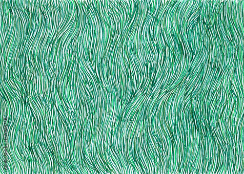 Texture background. Vertical wavy stripes of different shades of green. Chaotically placed on a white background. Intersect with each other. Form a grass texture. Thin lines. Green, turquoise, khaki.