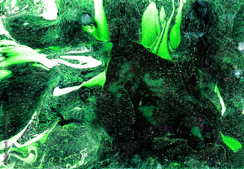 Background of marble effects, spots, textures. Different shades of green, blue, purple dots, black and white. Spots are located in left and upper part of background. Small spots and dots form textures