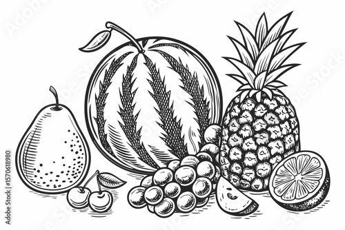  a sketch drawing of various fruits, pear, apple, lemon, grapes, watermelon, pineapple, peach, banana, oranges, cherries, plums, in black and white, detailed, realistic, highly detailed, intricate, 