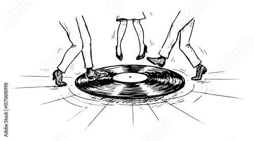 people dancing on vinyl record hand drawn illustration