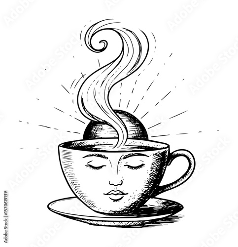 surreal face with coffee cup and steam line art