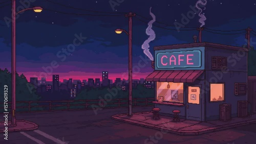 pixel art lo-fi café on a quiet street corner, soft smoke from vents, neon city lights glowing in the distance, nighttime vibe