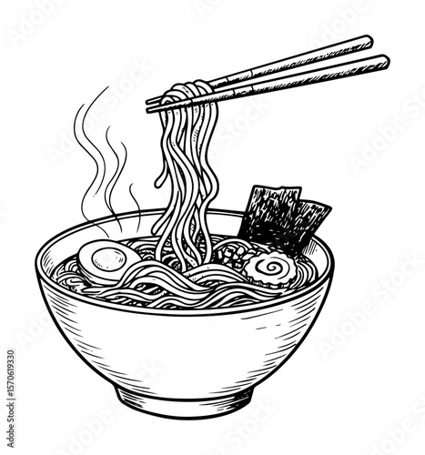 ramen noodles bowl with chopsticks line art
