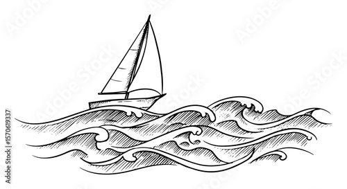 sailing boat on wavy sea line art