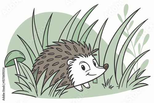  Hedgehog in Forest Grass – Vector