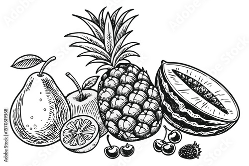  a sketch drawing of various fruits, pear, apple, lemon, grapes, watermelon, pineapple, peach, banana, oranges, cherries, plums, in black and white, detailed, realistic, highly detailed, intricate, 