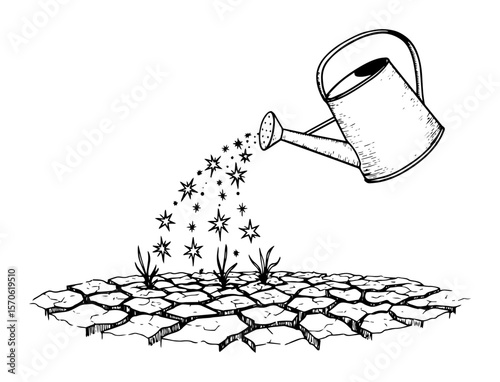 watering can reviving cracked soil flowers vector sketch illustration