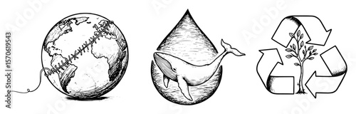 ecology and environment protection icons sketch set vector illustration