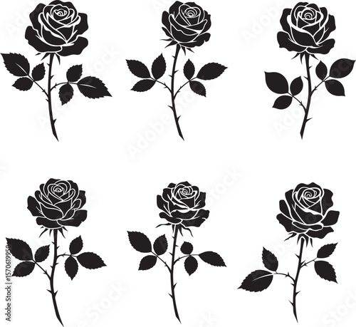 Collection of six black silhouette rose flowers with stems and leaves on white background