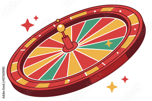 3d render, colorful, spinning wheel of fortune, red rim with lights, multicolored segments, bold colors, vibrant, star-shaped center, glossy surface, dynamic, playful, prize wheel, carnival, casino
