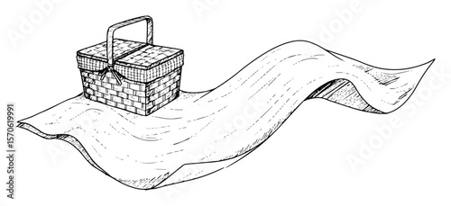 picnic basket on flying blanket line art