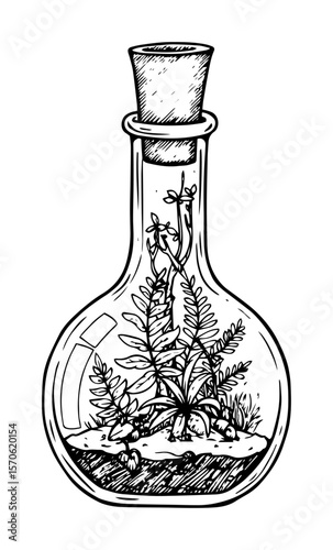 glass terrarium bottle with plants vector sketch illustration