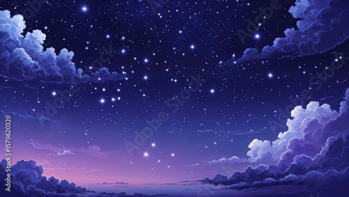 雲の向こうに見える星空、夜景
