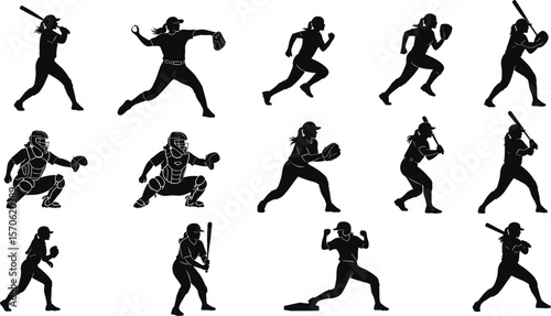 Female softball players silhouettes in various action poses, pitching, batting, catching, running, and fielding, isolated on white background, sports, teamwork, athleticism, competition