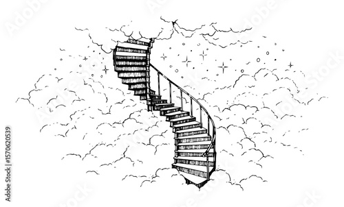 spiral staircase to heaven in clouds and stars fantasy sketch