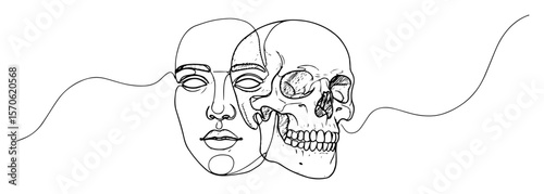 life and death concept face and skull one line art