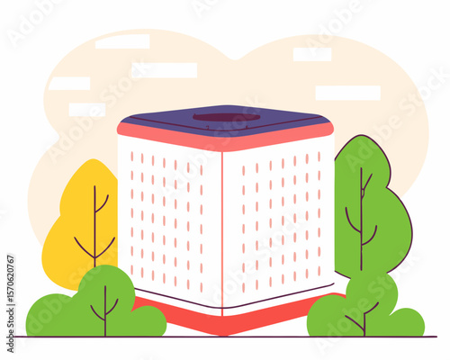 Abstract illustration of a geometric structure surrounded by stylized trees and decorative elements with transparency.