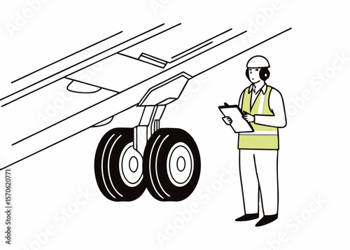 Aircraft maintenance technician inspecting airplane landing gear on white background vector illustration