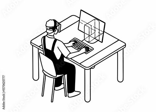 A professional working in virtual reality using computer with isometric black and white illustration