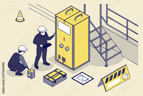 Construction workers inspecting equipment isometric illustration suitable for engineering and industry projects