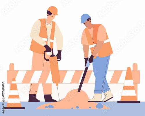 Construction workers operating jackhammer and shovel near road barrier with safety cones and abstract color scheme